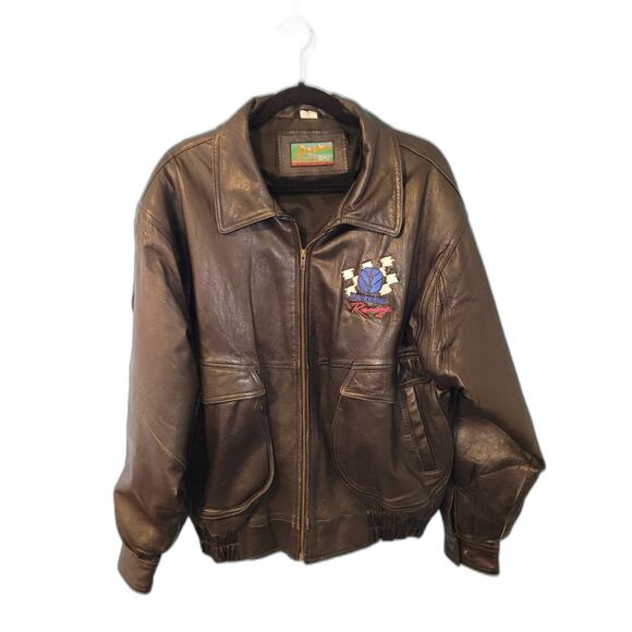 Vintage Shelter Bay New Holland Racing Men's Large Black Leather Jacket zip-up - Picture 1 of 10